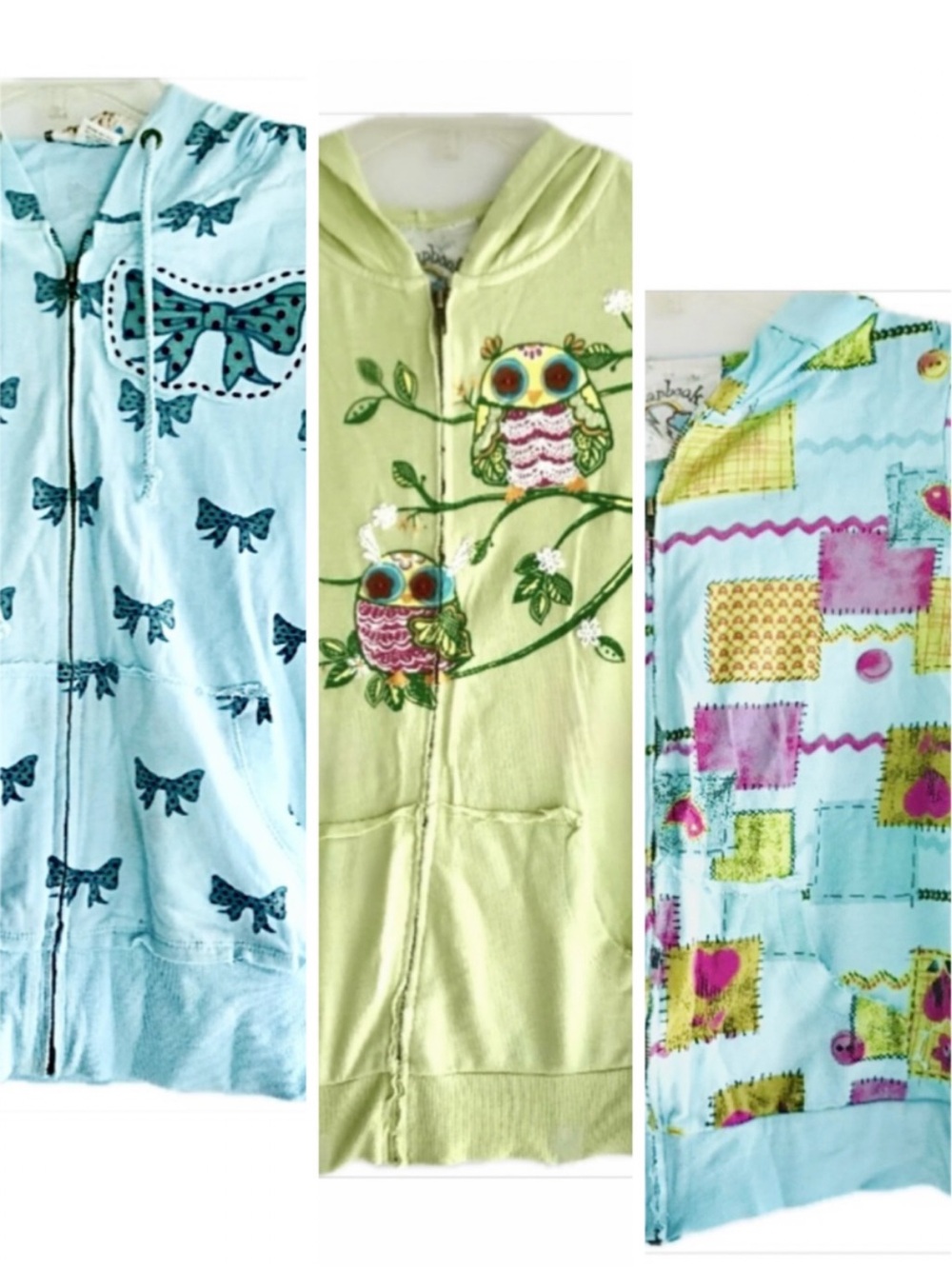 Bundle Lot 3 Girls Hoodie Top Size M L Zip Front Bows
Owls Patchwork 100%Cotton